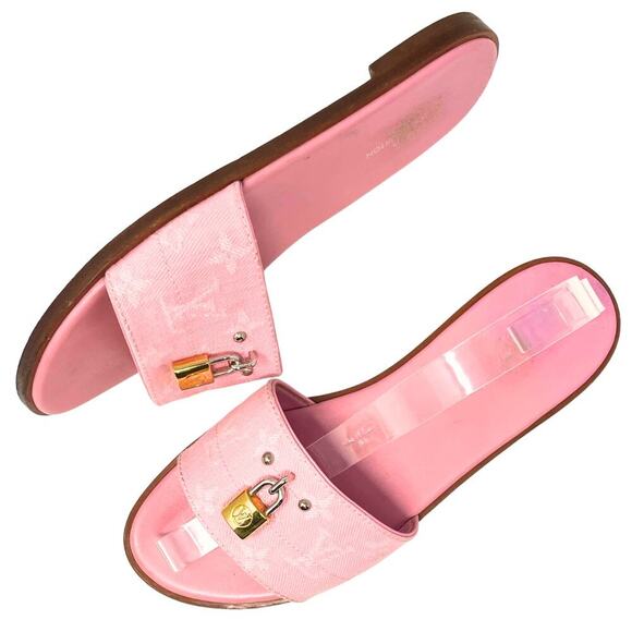 Louis Vuitton LV Logo Monogram Canvas Pink Tan Gold Lock It Flats Sandals EU37.5 - Picture 10 of 11